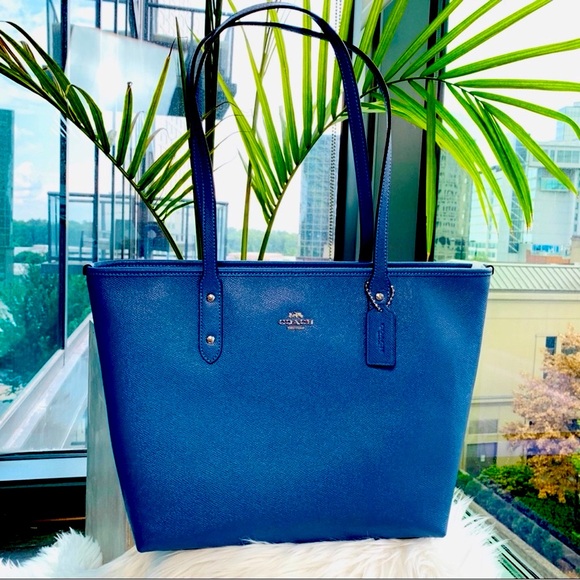 COACH City Zip Tote Large Leather Shoulder Work Bag Deep Royal